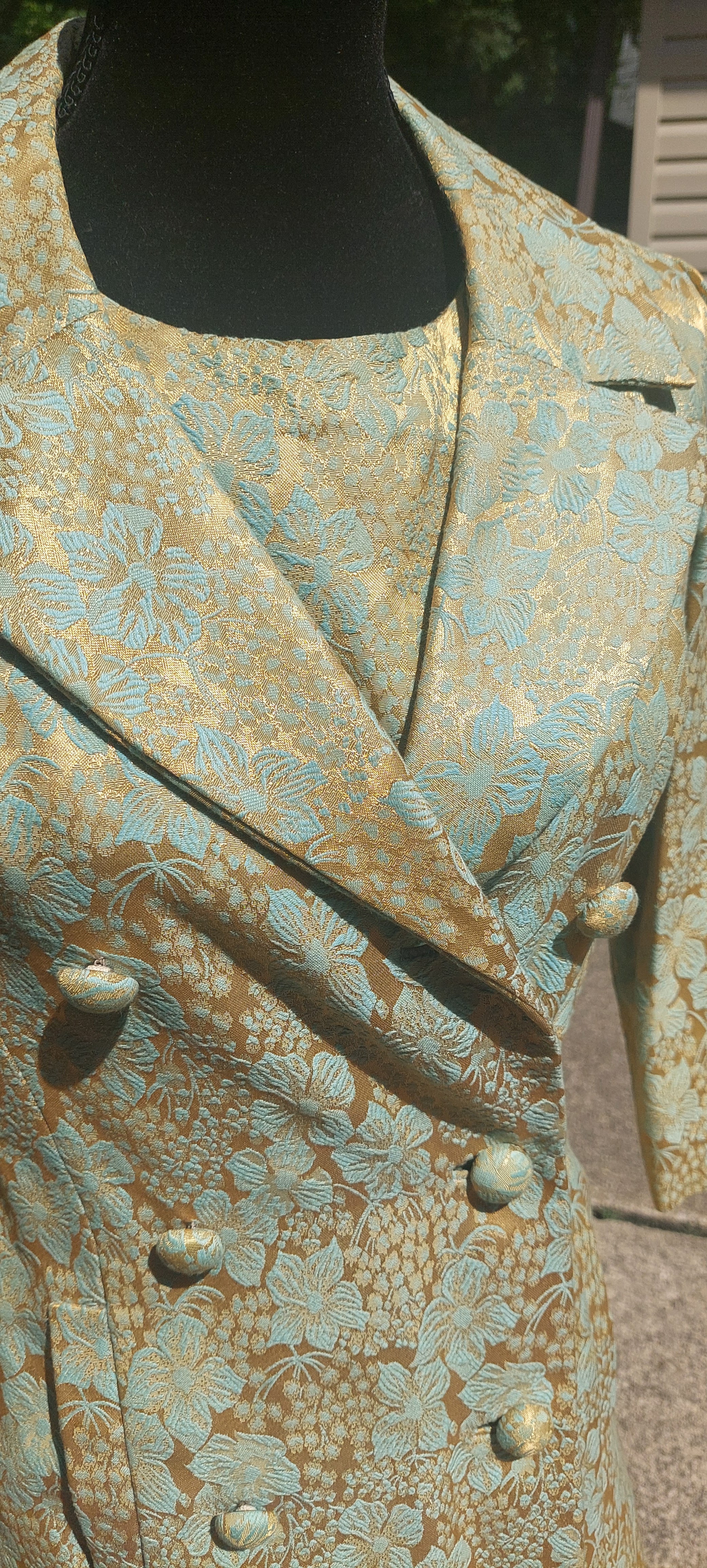1960s Leslie Fay Turquoise & Gold Brocade Shift Dress and Jacket Set