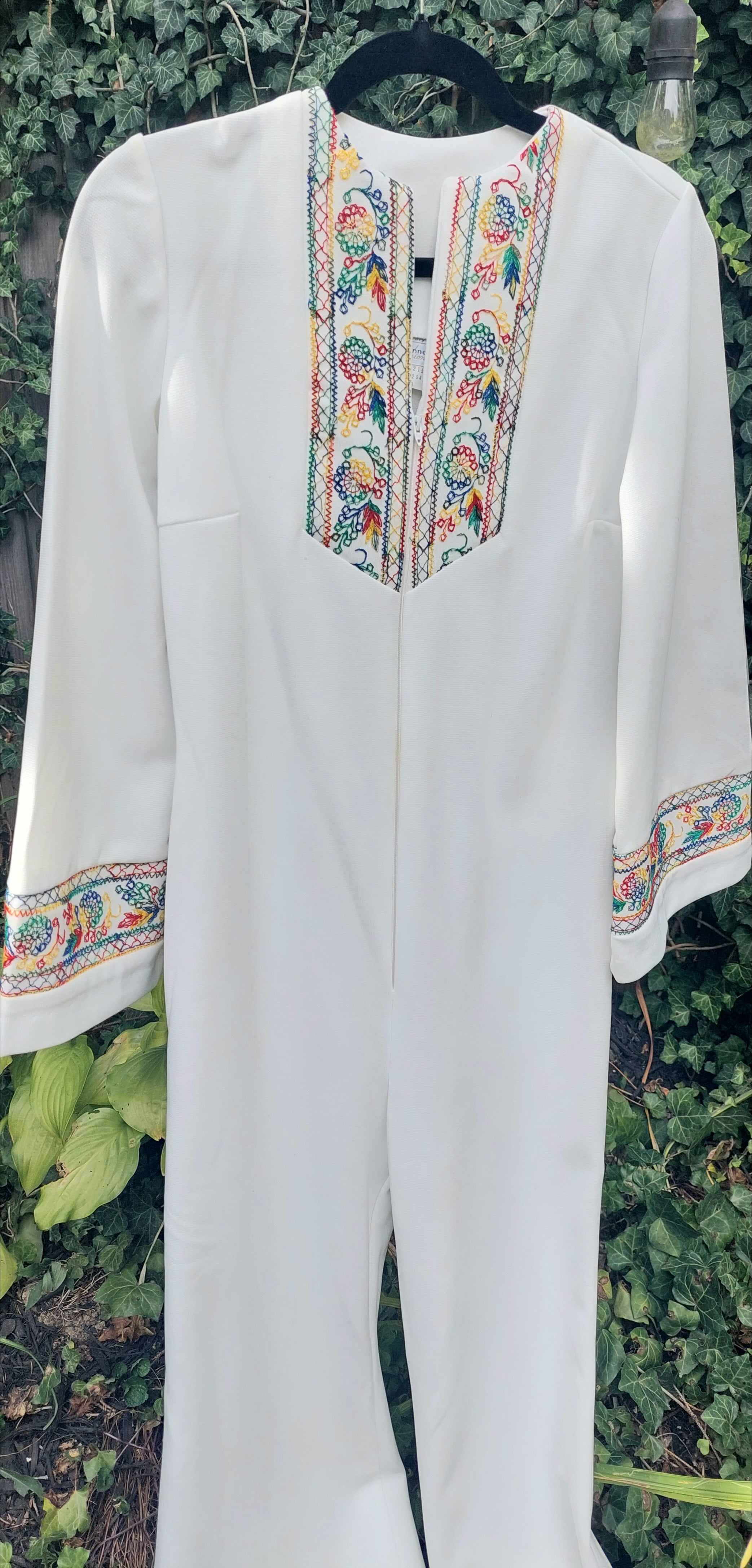 Vintage 1970s Colorful Embroidered Polyester Bellbottom Bell Sleeved Jumpsuit