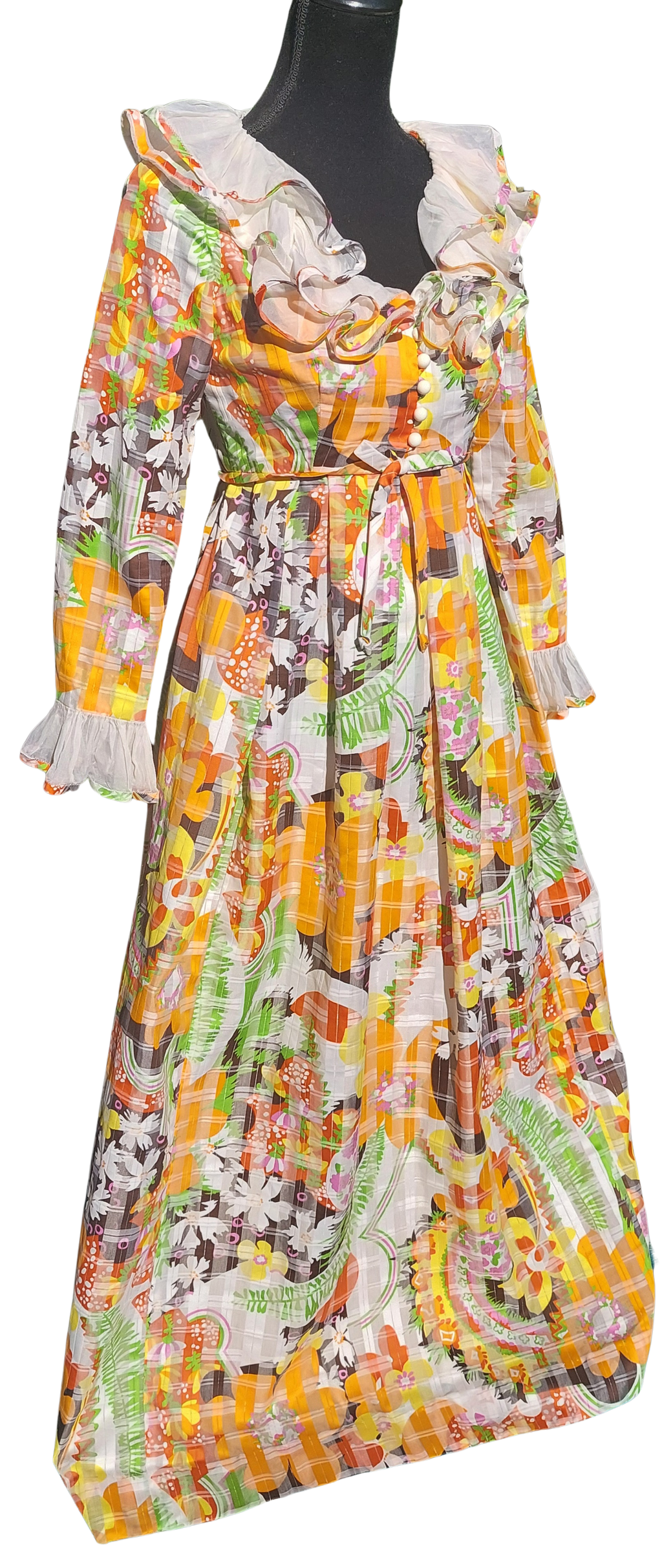 Vintage 1960s Psychedelic Flower Power Helen Rose Ruffled Bright Floral Couture