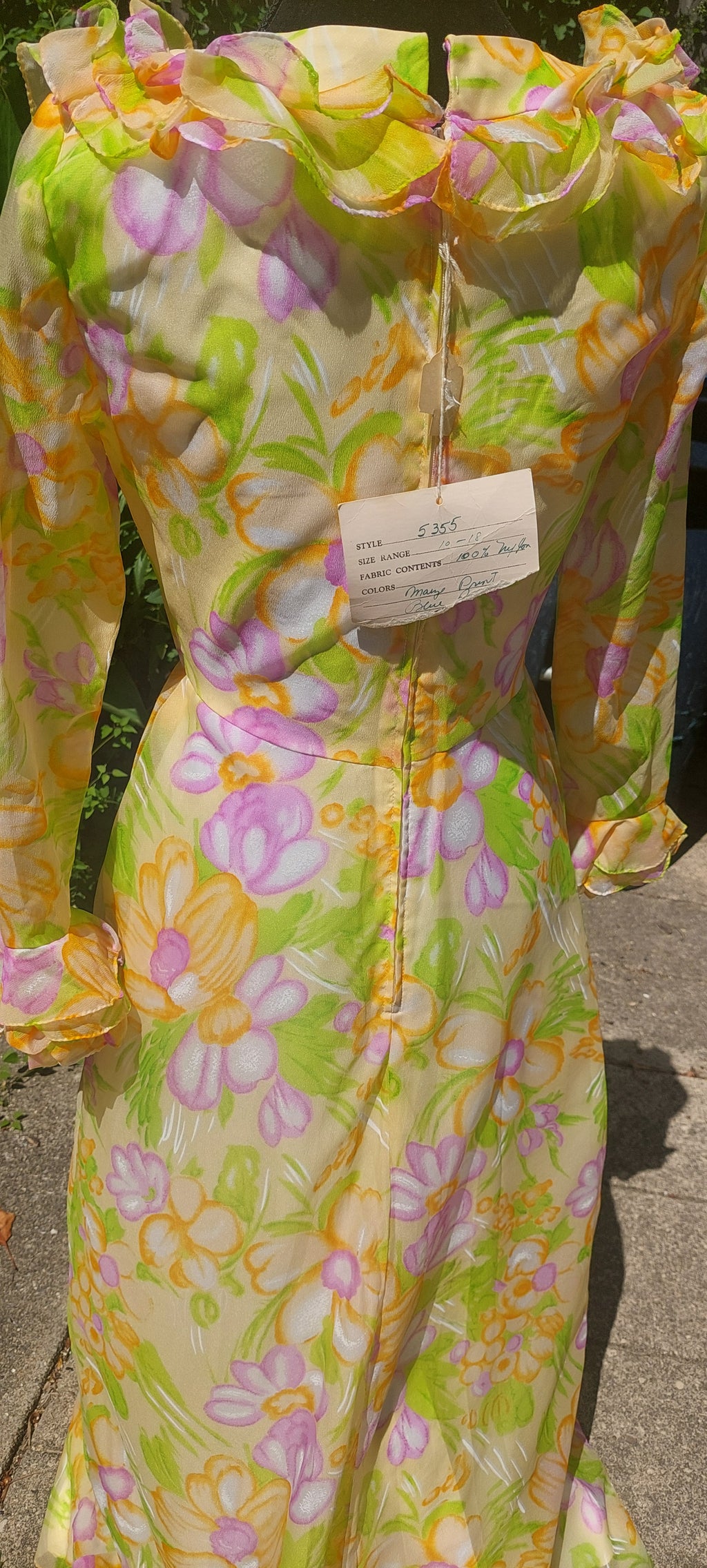 1960s Nylon Custom Made Ruffled Flower Power Floral Lined Maxi Dress