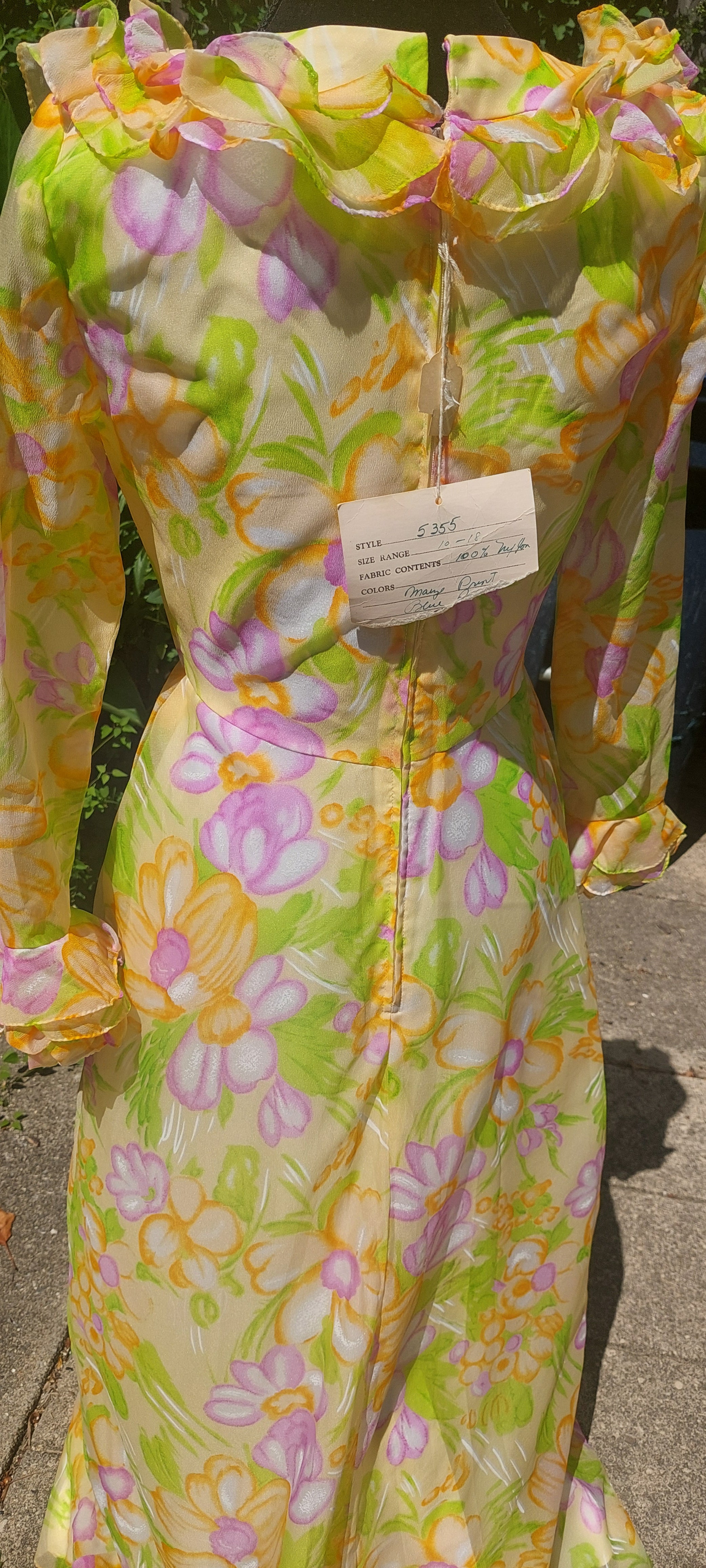 1960s Nylon Custom Made Ruffled Flower Power Floral Lined Maxi Dress