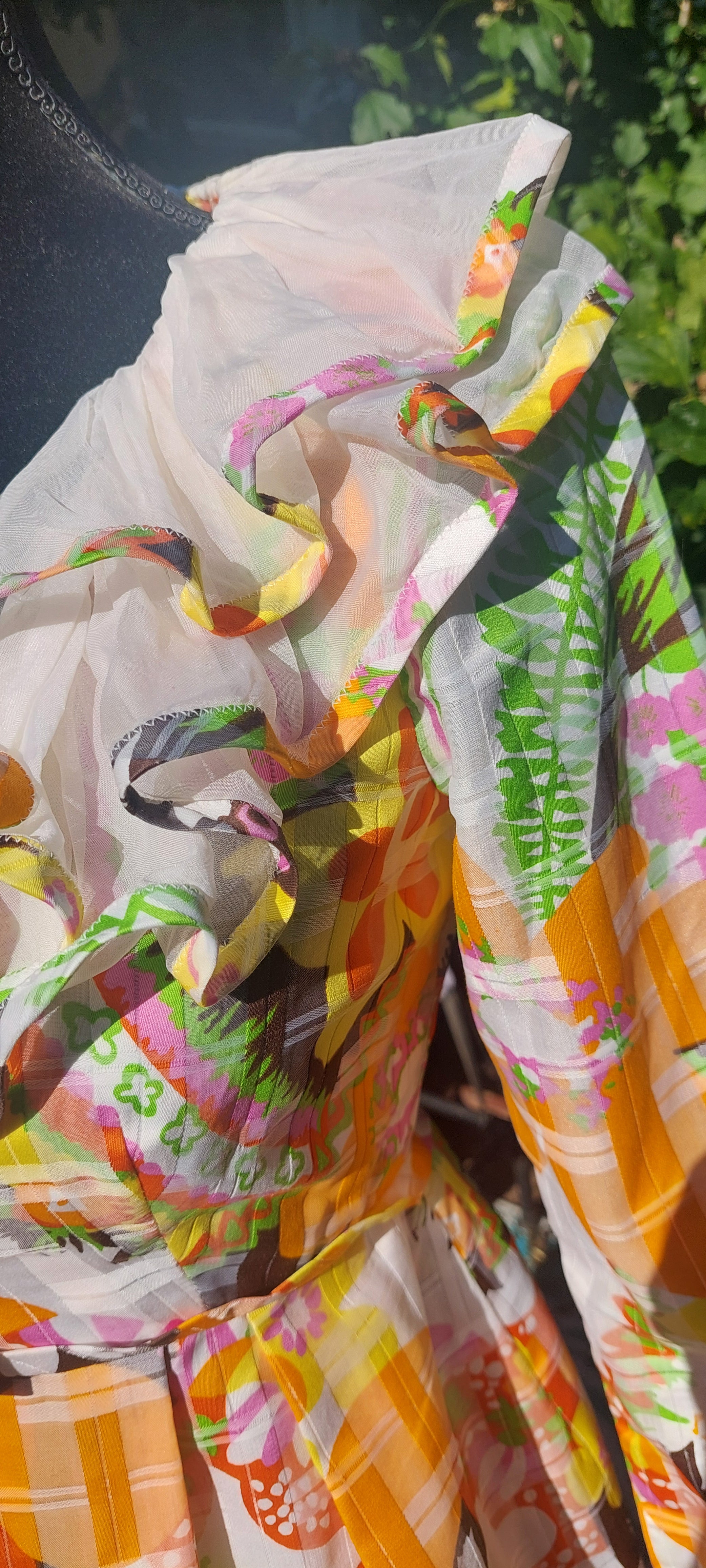 Vintage 1960s Psychedelic Flower Power Helen Rose Ruffled Bright Floral Couture