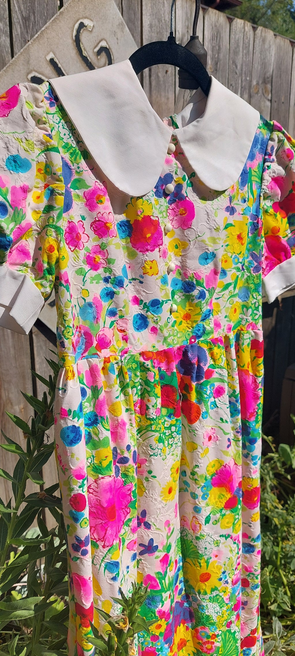 1960s Dayglo Brocade Barkcloth Flower Power Puff Sleeve Floral Maxi Dress Gown