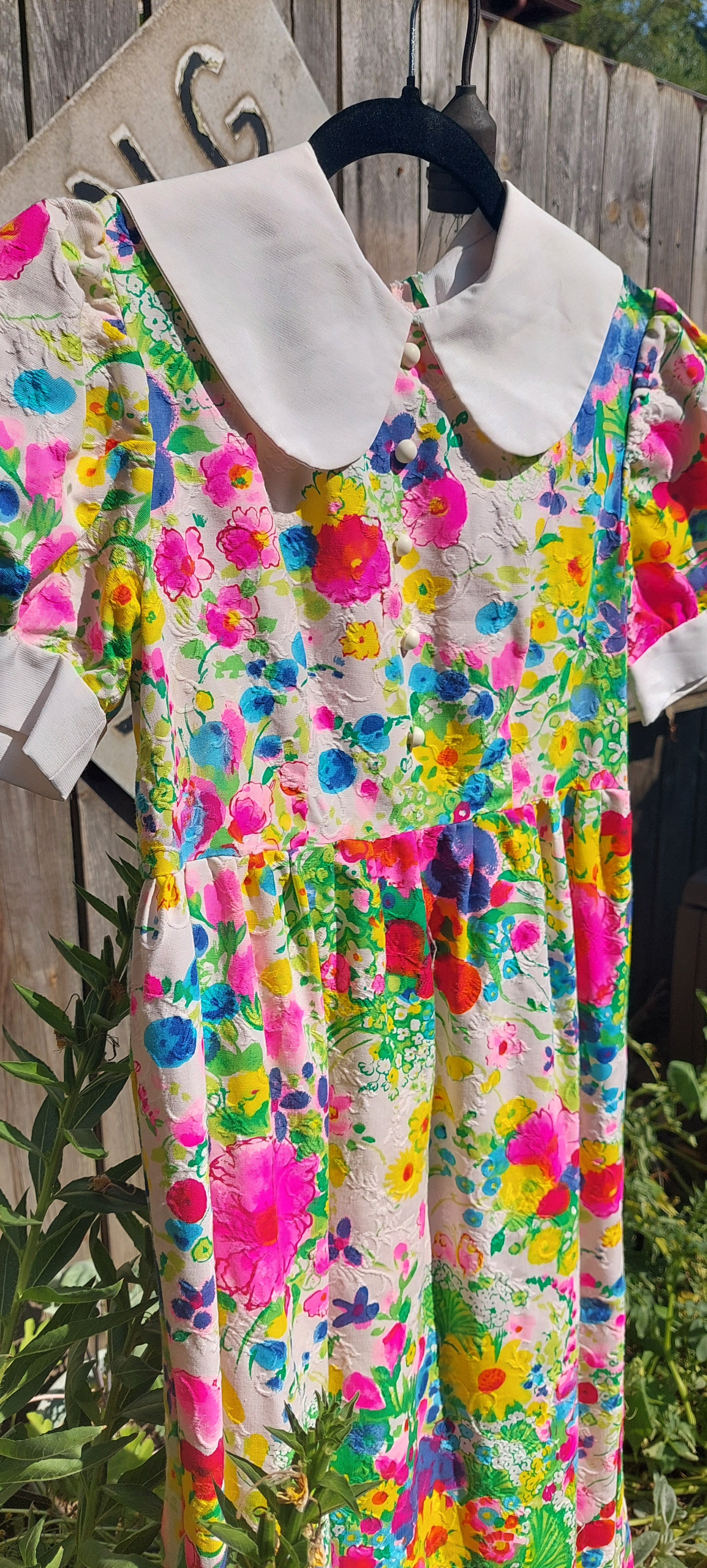 1960s Dayglo Brocade Barkcloth Flower Power Puff Sleeve Floral Maxi Dress Gown