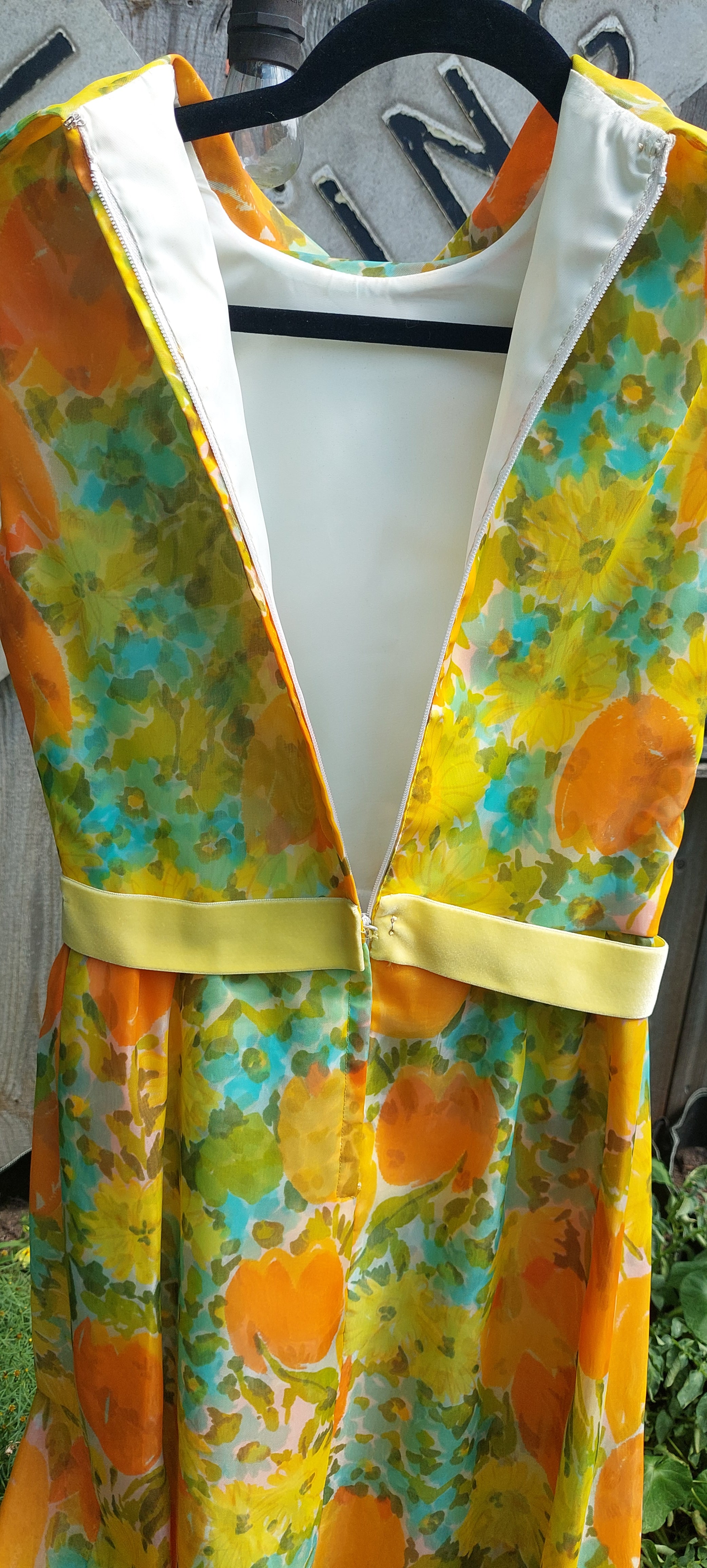 1960s Double Chiffon Custom Made Flower Power Maxi Dress Gown