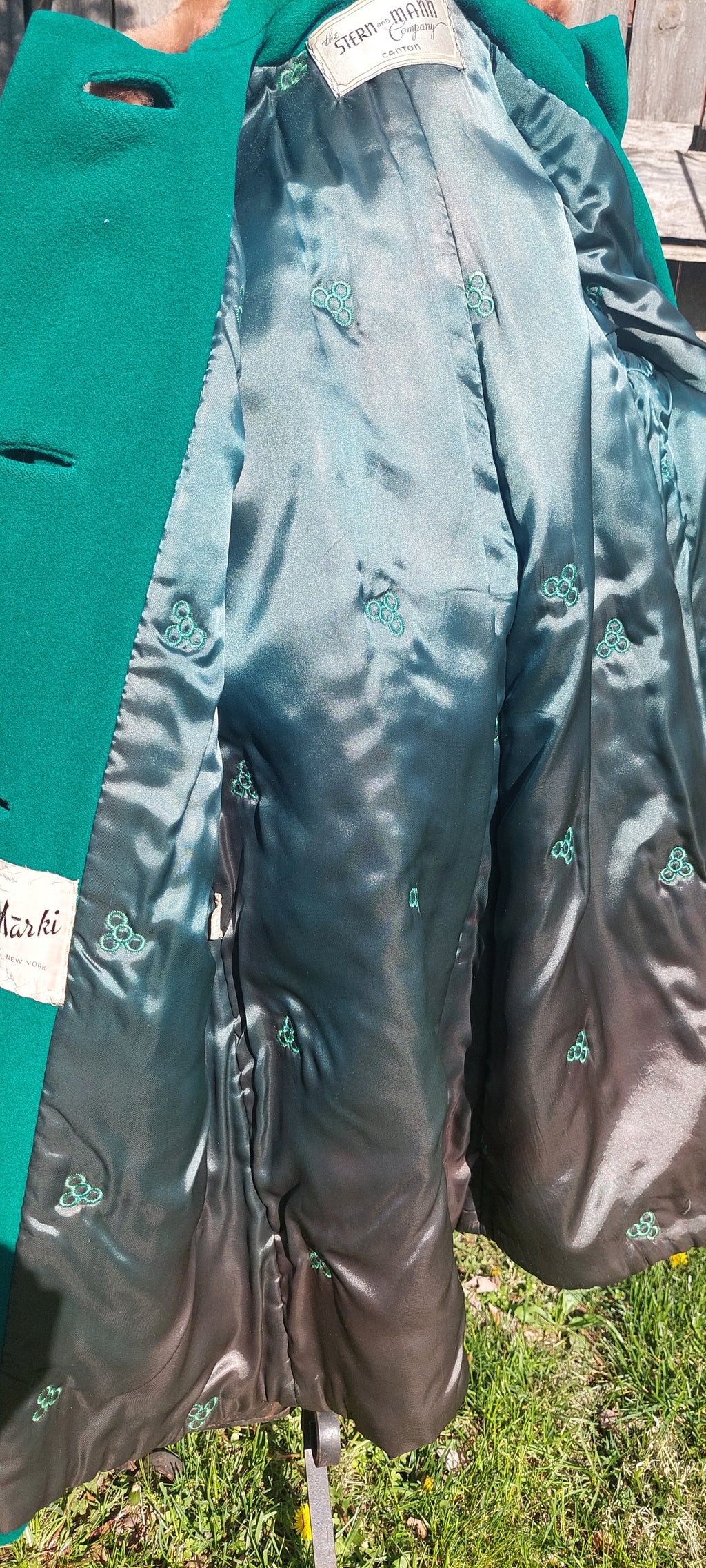 Vintage Mid-Century Emerald Green Wool Swing Coat with Brown Faux Fur Collar