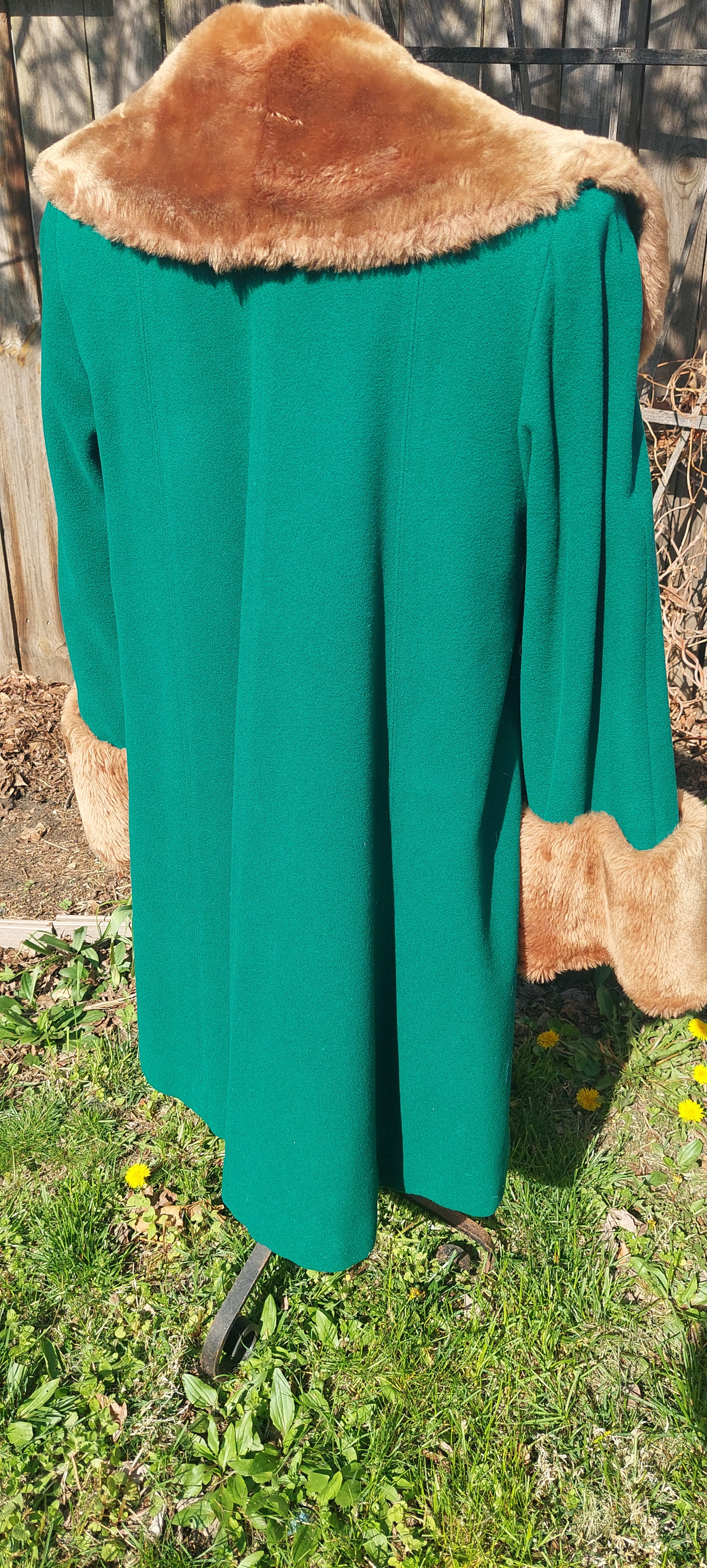 Vintage Mid-Century Emerald Green Wool Swing Coat with Brown Faux Fur Collar