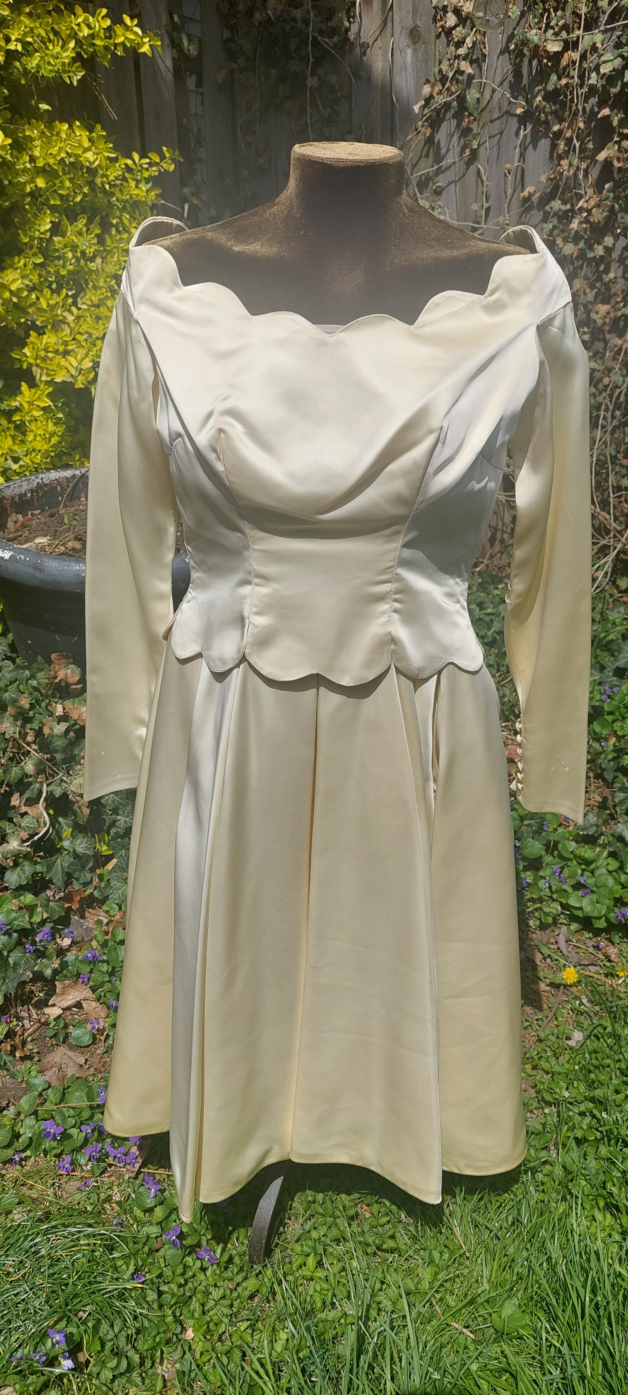Vintage 1950s Cream Satin Wedding Dress: Fit and Flare, Long Sleeved