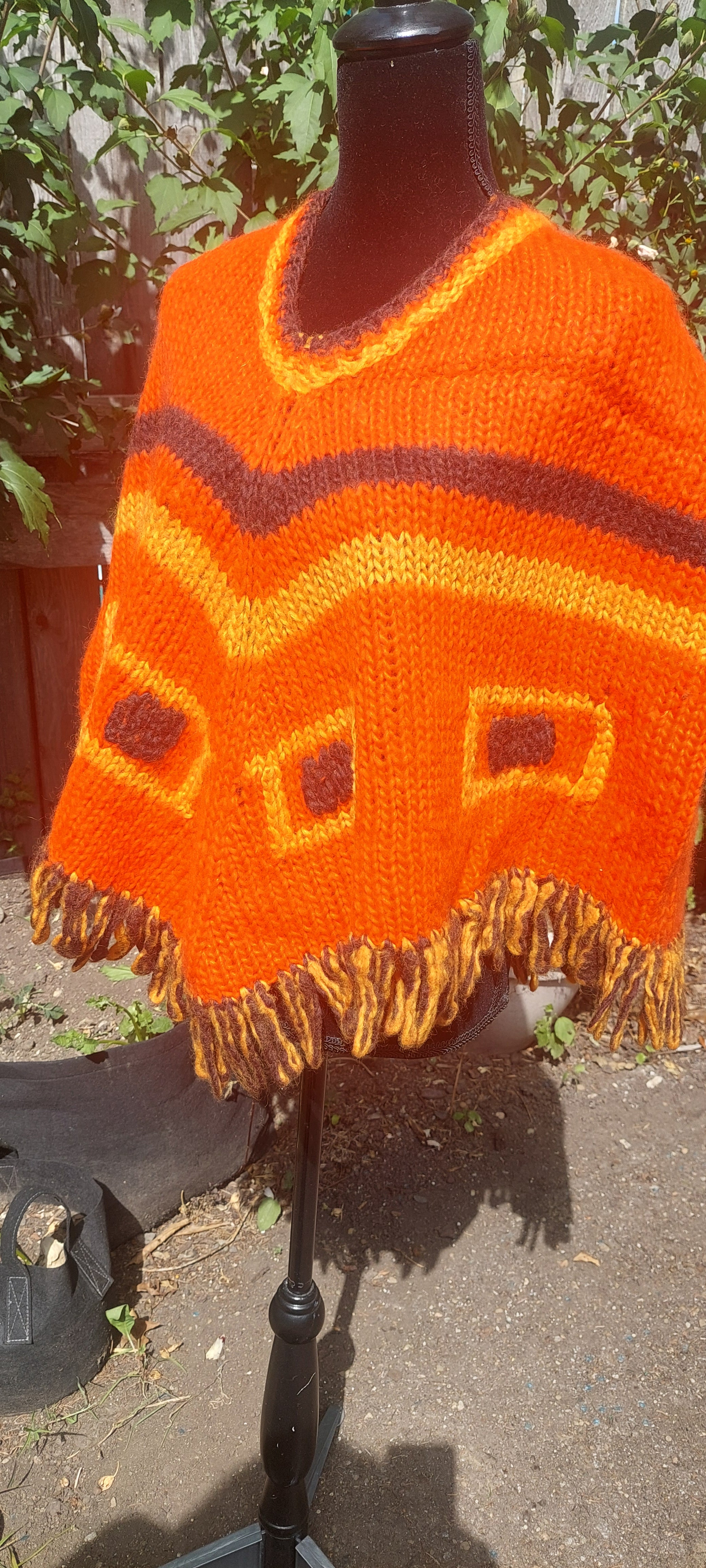 Vintage 1960s Wool Made in Italy Orange Fringed Poncho Cape Boho Outerwear