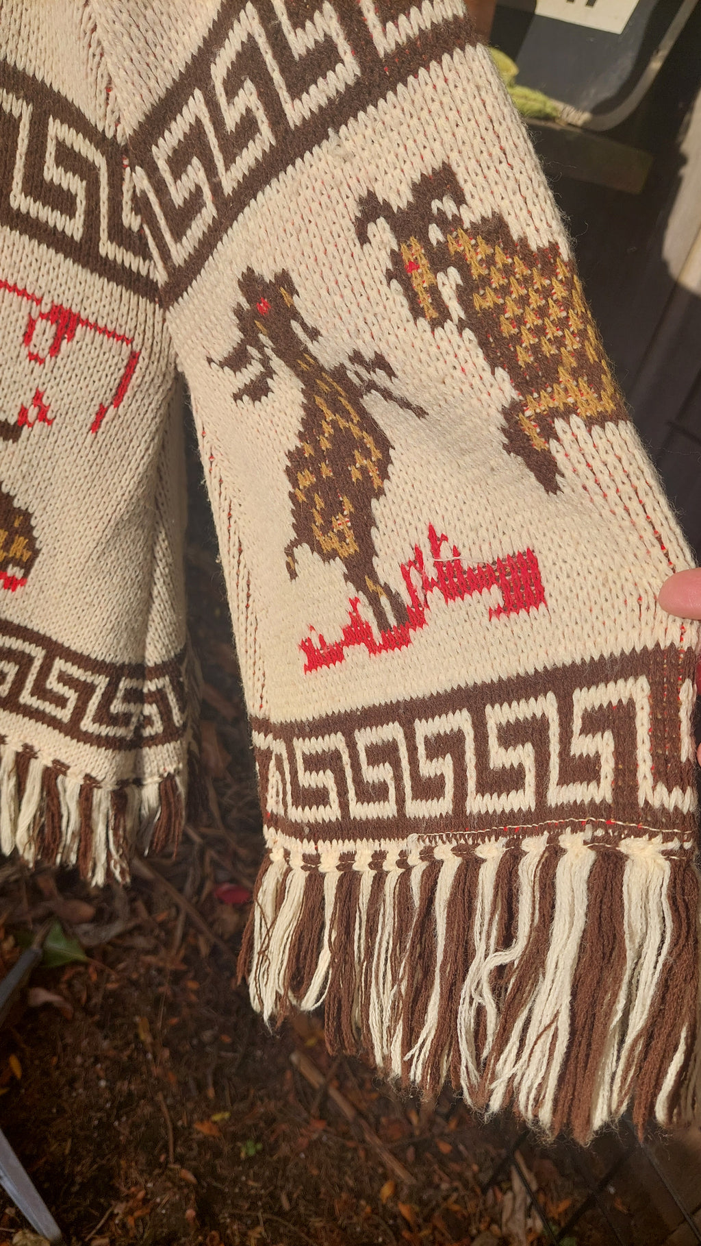 1970s Carol Brent Zodiac Astrology Montgomery Ward Acrylic Knit Fringe Cape Boho Poncho Sweater