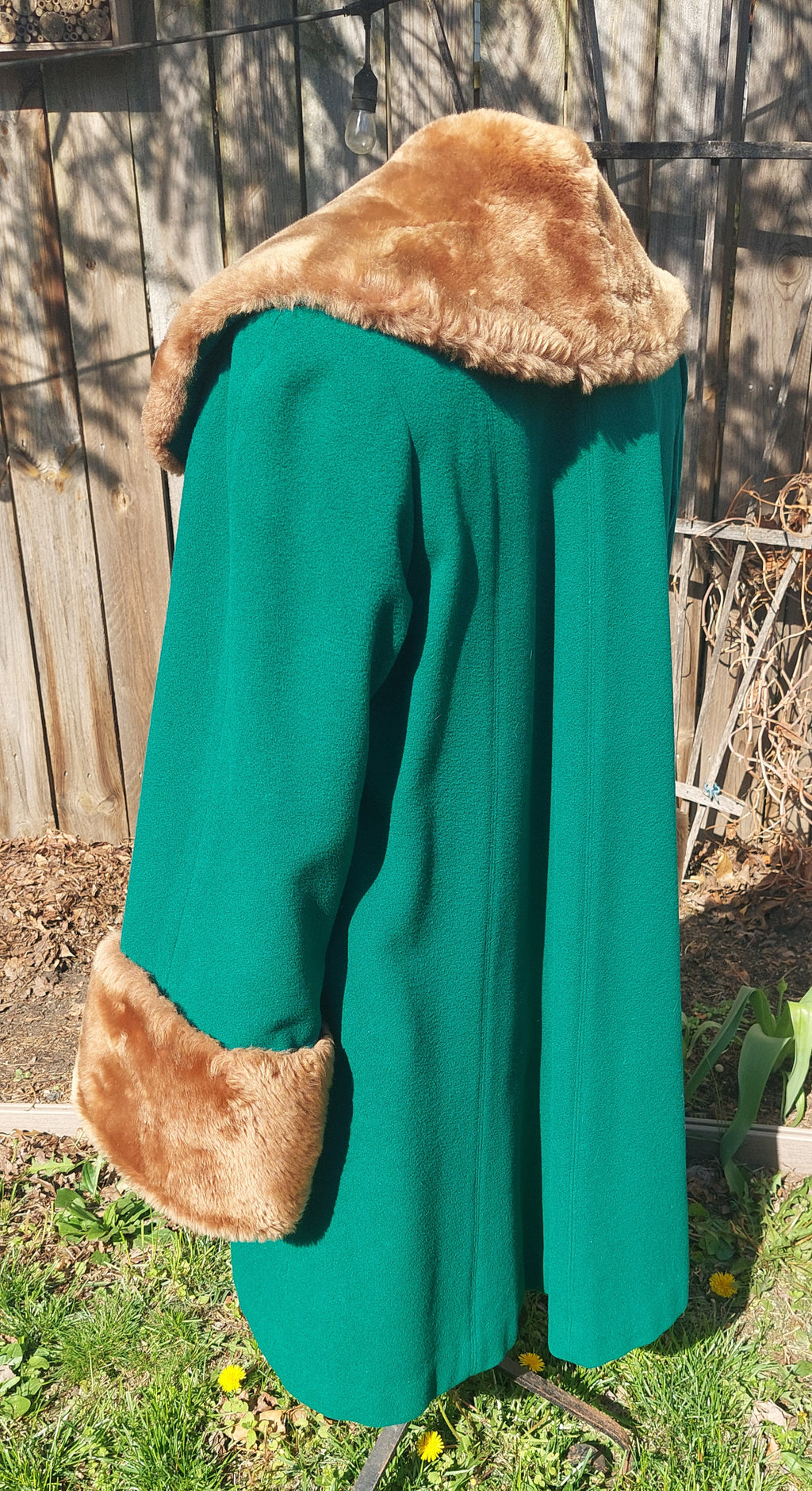 Vintage Mid-Century Emerald Green Wool Swing Coat with Brown Faux Fur Collar