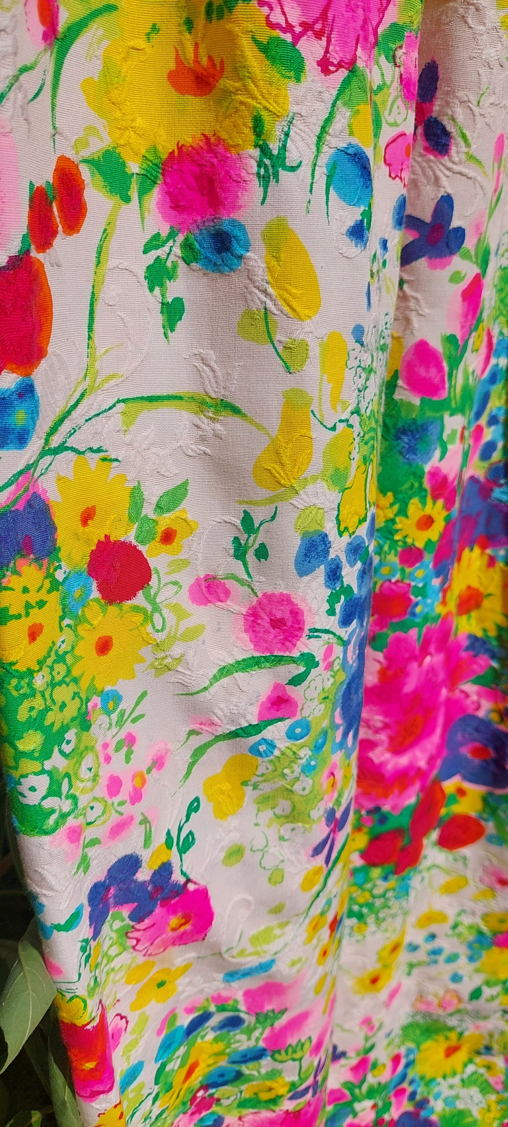 1960s Dayglo Brocade Barkcloth Flower Power Puff Sleeve Floral Maxi Dress Gown