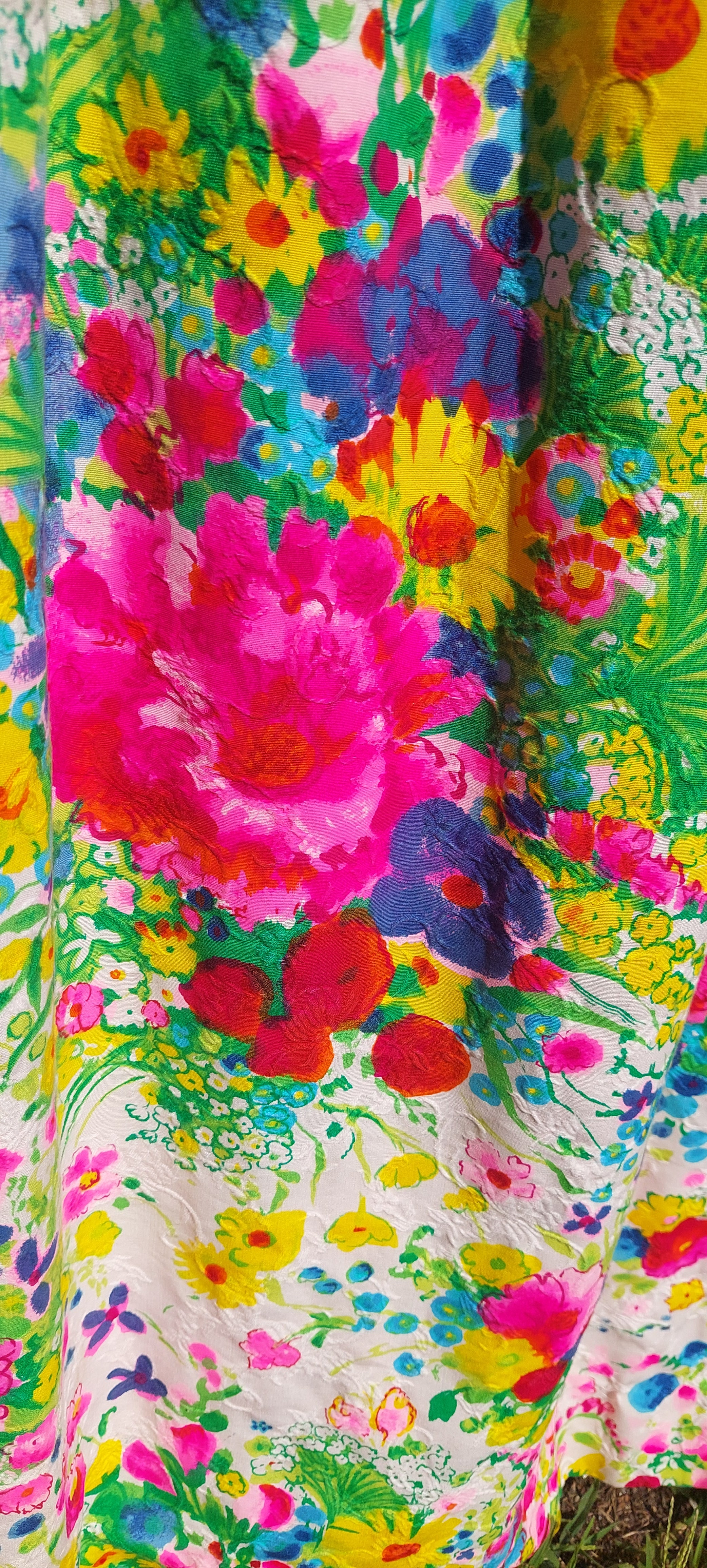 1960s Dayglo Brocade Barkcloth Flower Power Puff Sleeve Floral Maxi Dress Gown