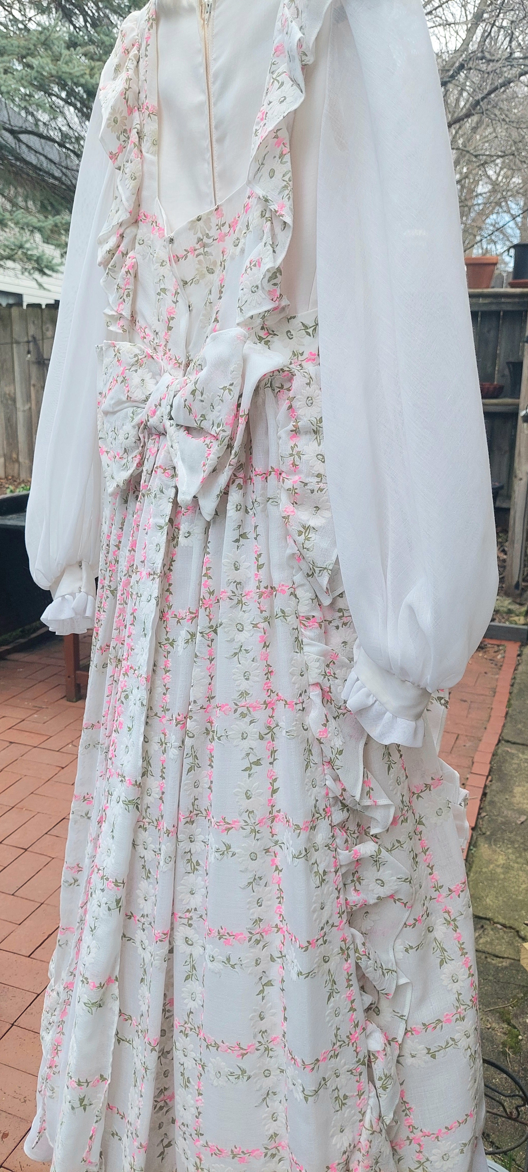 1970s Emma Domb Prairie Dress  2-Piece Boho Maxi Gown with Ruffled Pinafore