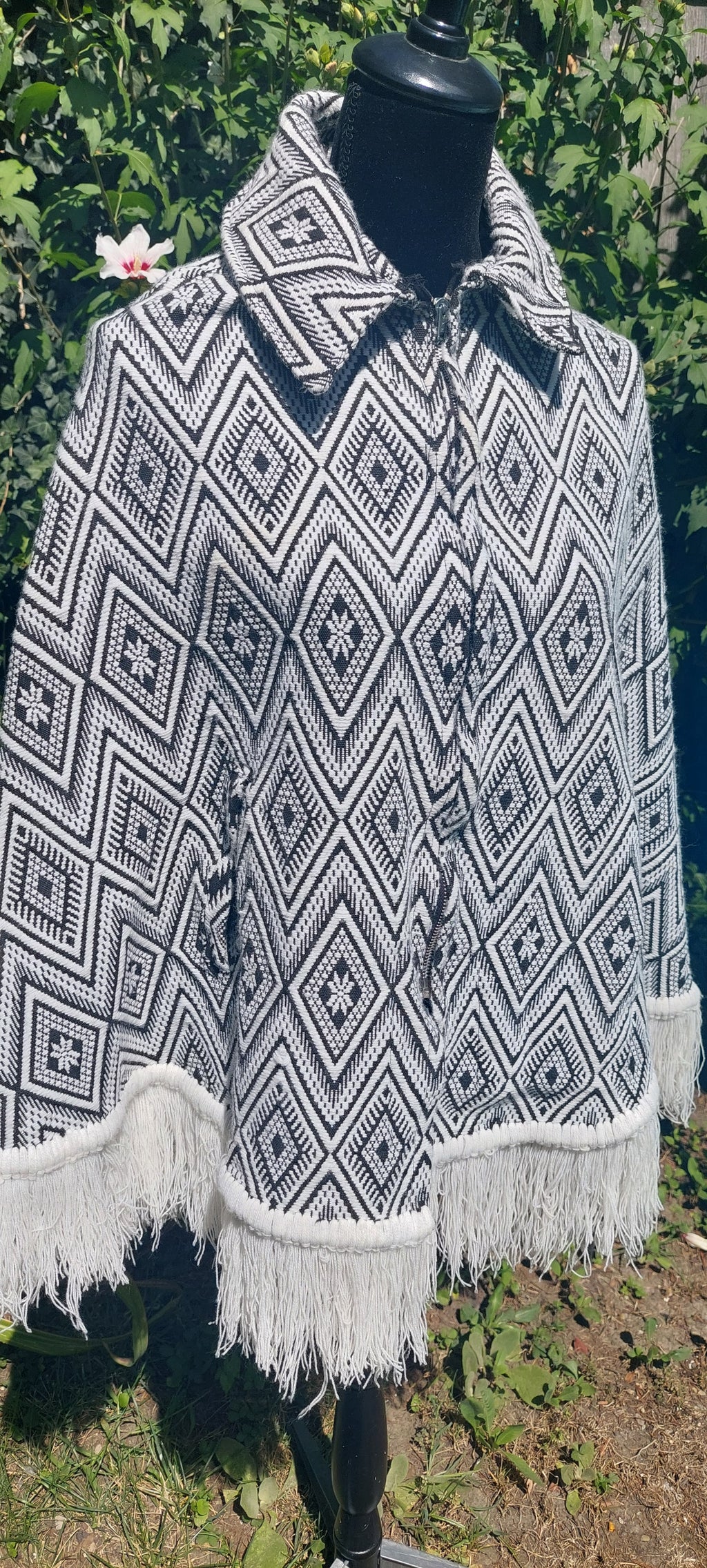 1970s Guatemalan Cotton Poncho: Black & White Boho Woven Bamboo